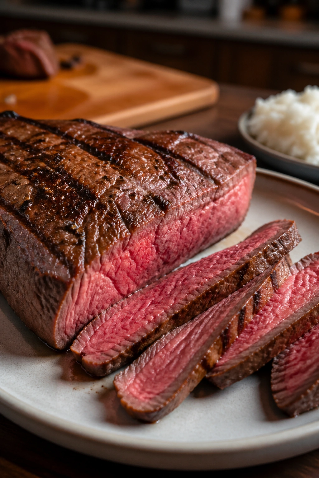Close-up of lean sirloin slice on plate with sear marks
