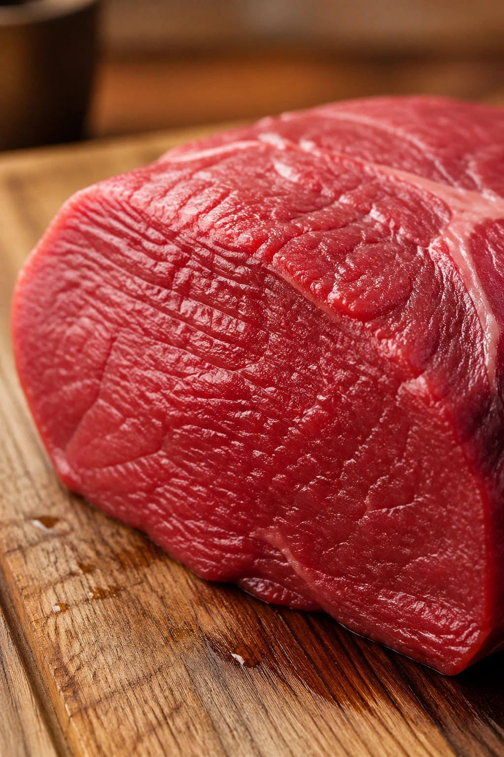 Close-up of a lean beef steak on a wooden board