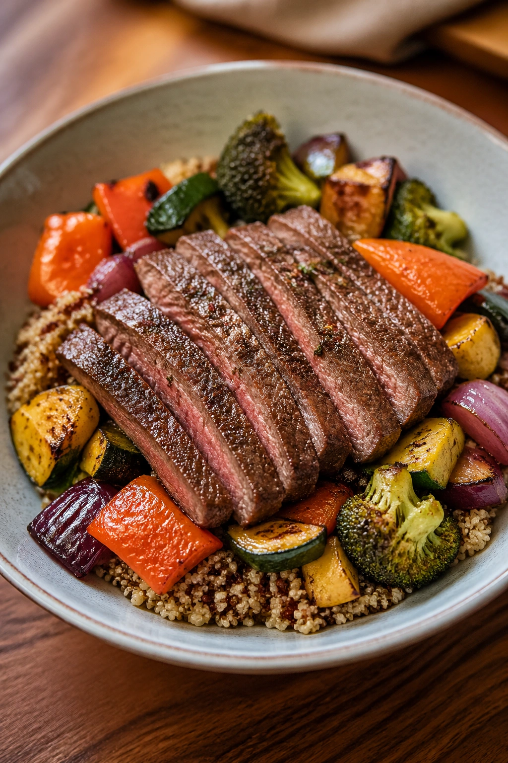 Lean beef bowl with quinoa and roasted vegetables in a bowl