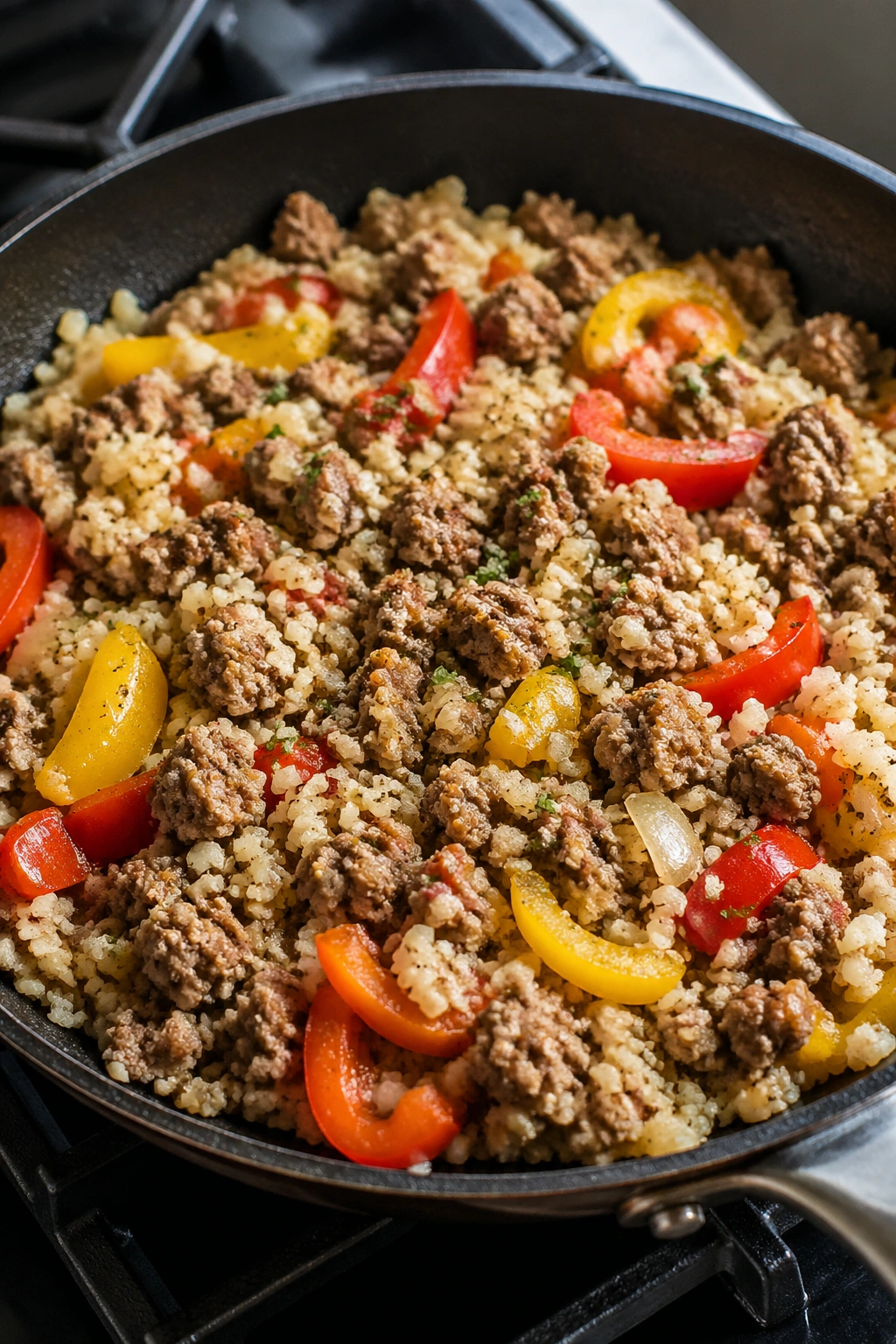 Close-up of lean beef skillet with peppers and cauliflower rice
