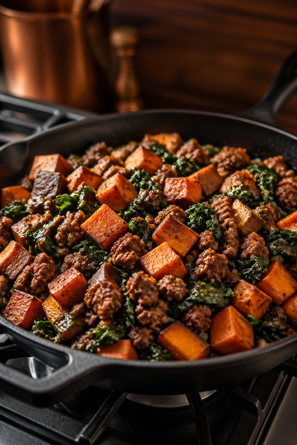 Beef and sweet potato skillet on a stovetop