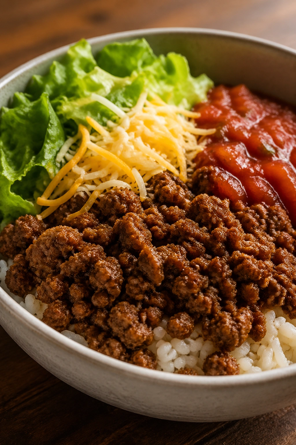 Lean beef taco bowl with rice and veggies for steady pre-workout energy