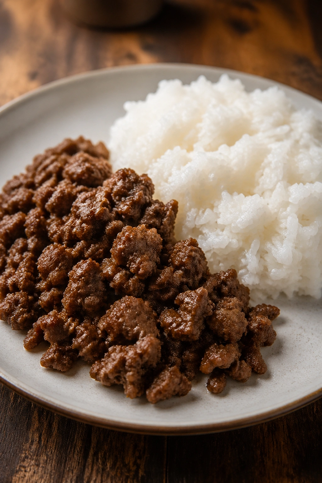 Plate of lean beef with white rice, post-workout recovery meal.