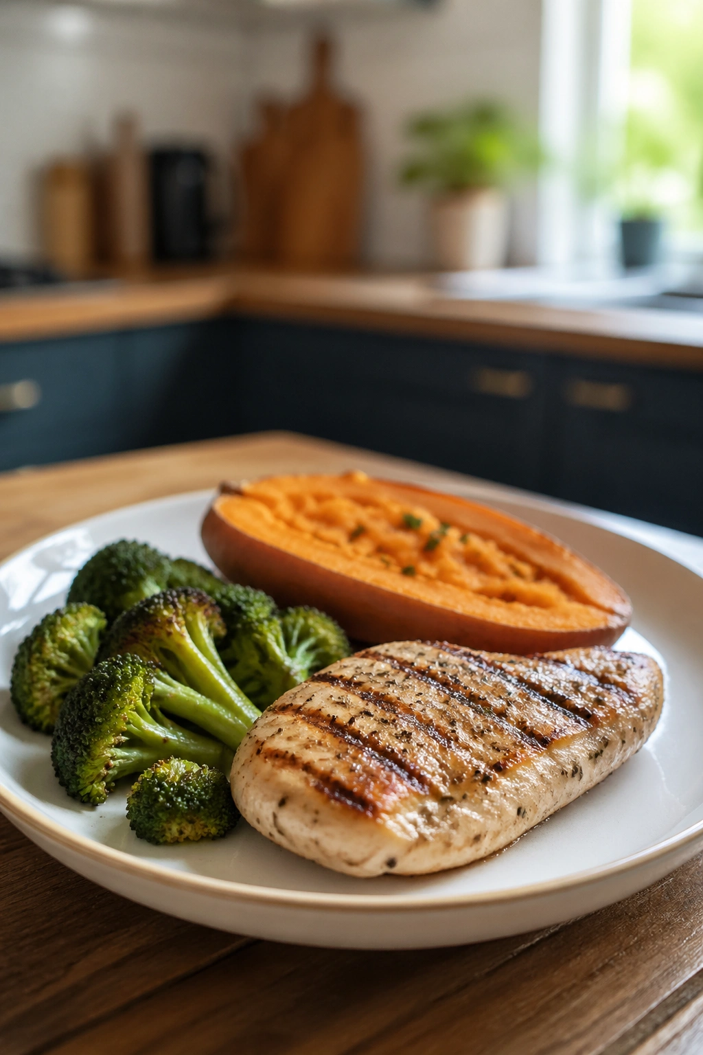 Dinner plate with lean protein and one starch balanced with vegetables