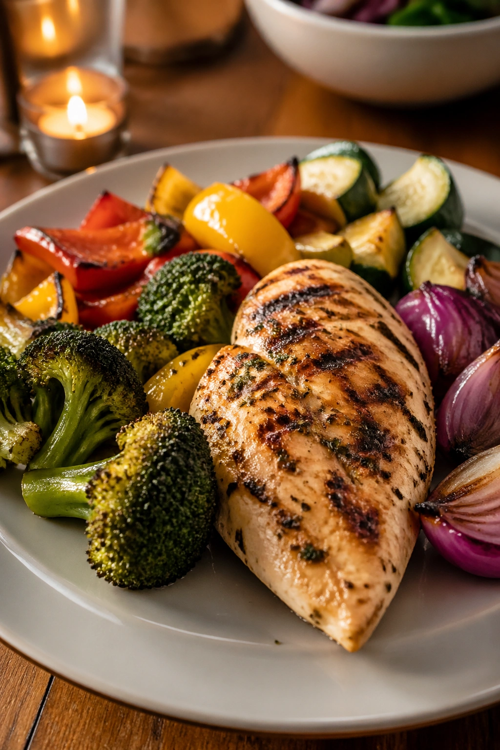 Close-up plate with lean grilled chicken and roasted vegetables on a dinner table