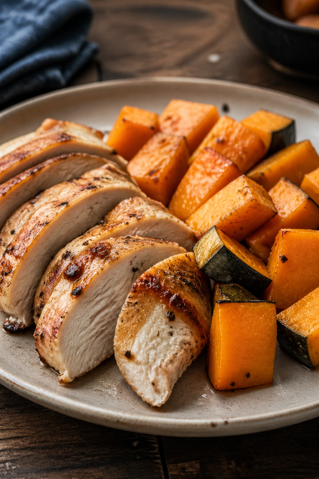 Plate of leftover chicken with roasted squash on a wooden table in daylight