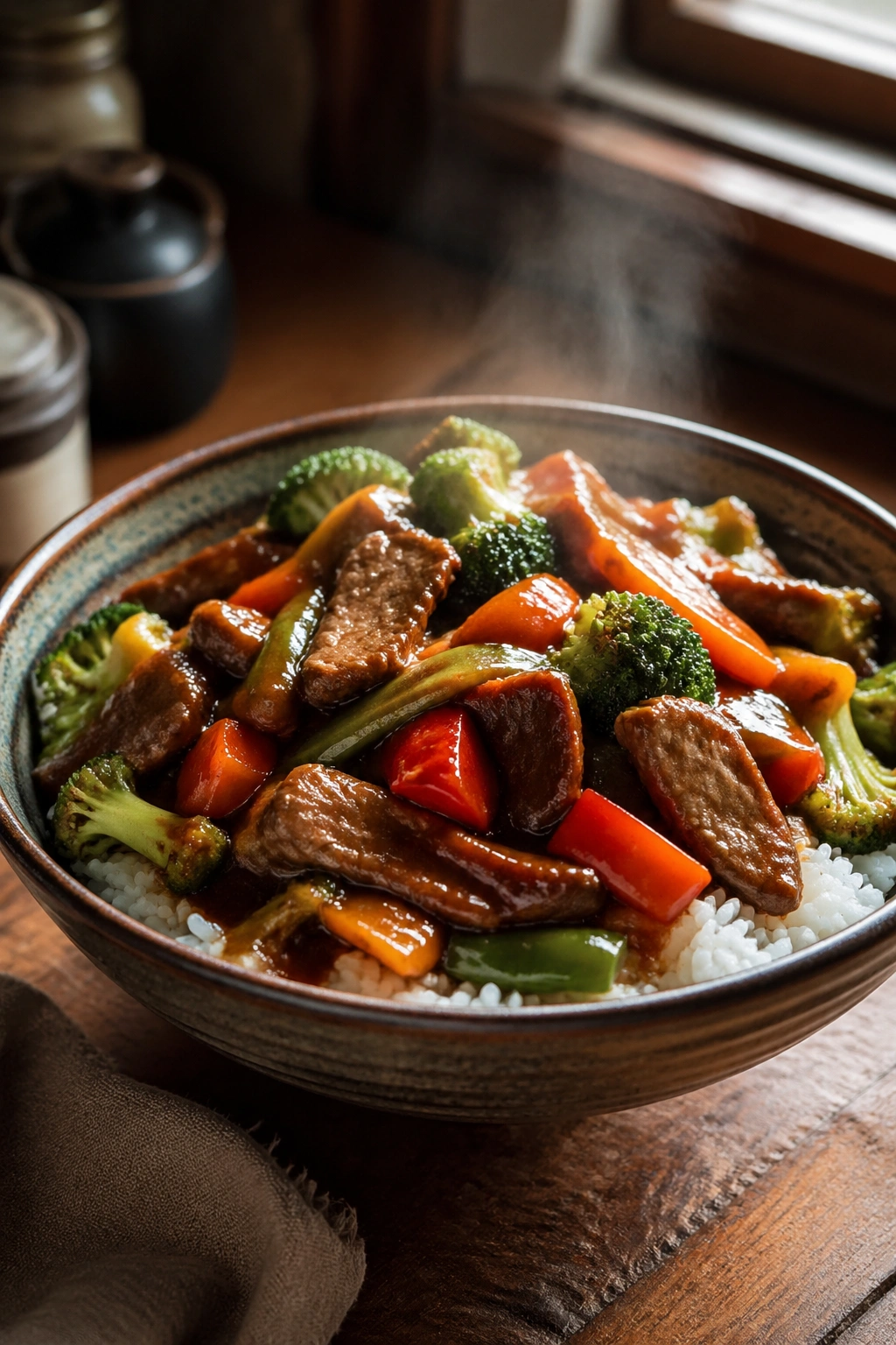 Close-up of leftover stir-fry over white rice in a bowl on a wooden kitchen counter
