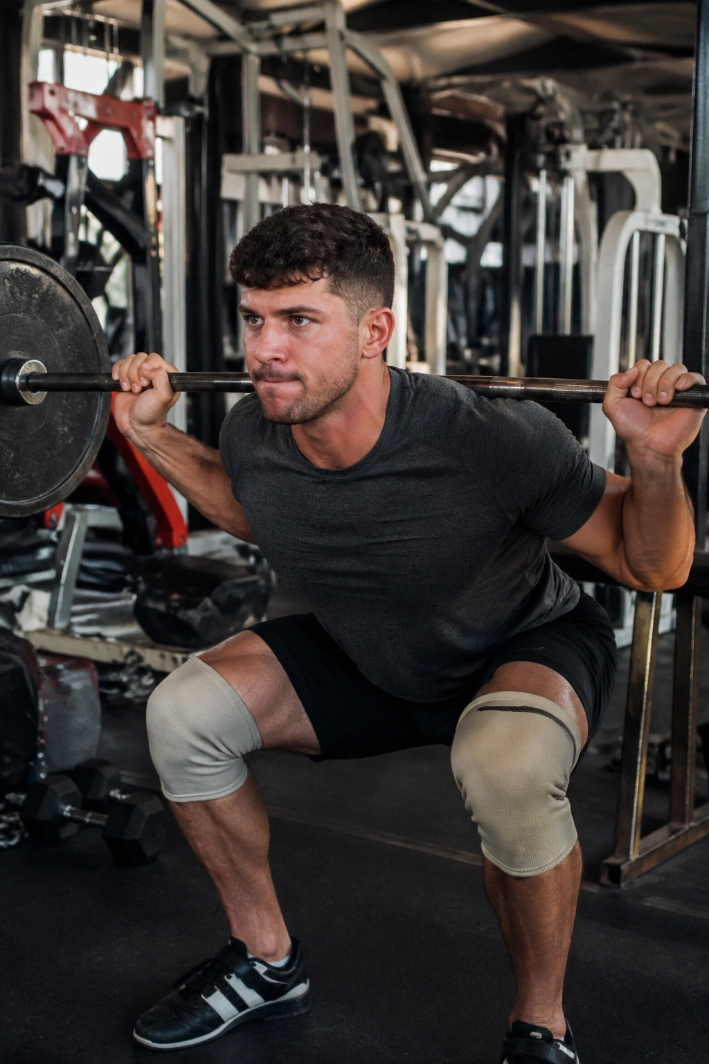 Lifter in busy gym performing squat with cluttered background