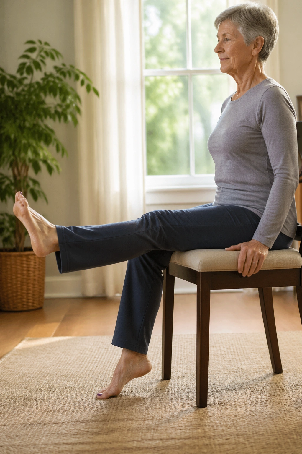 Senior leg extension with point-and-flex foot while seated