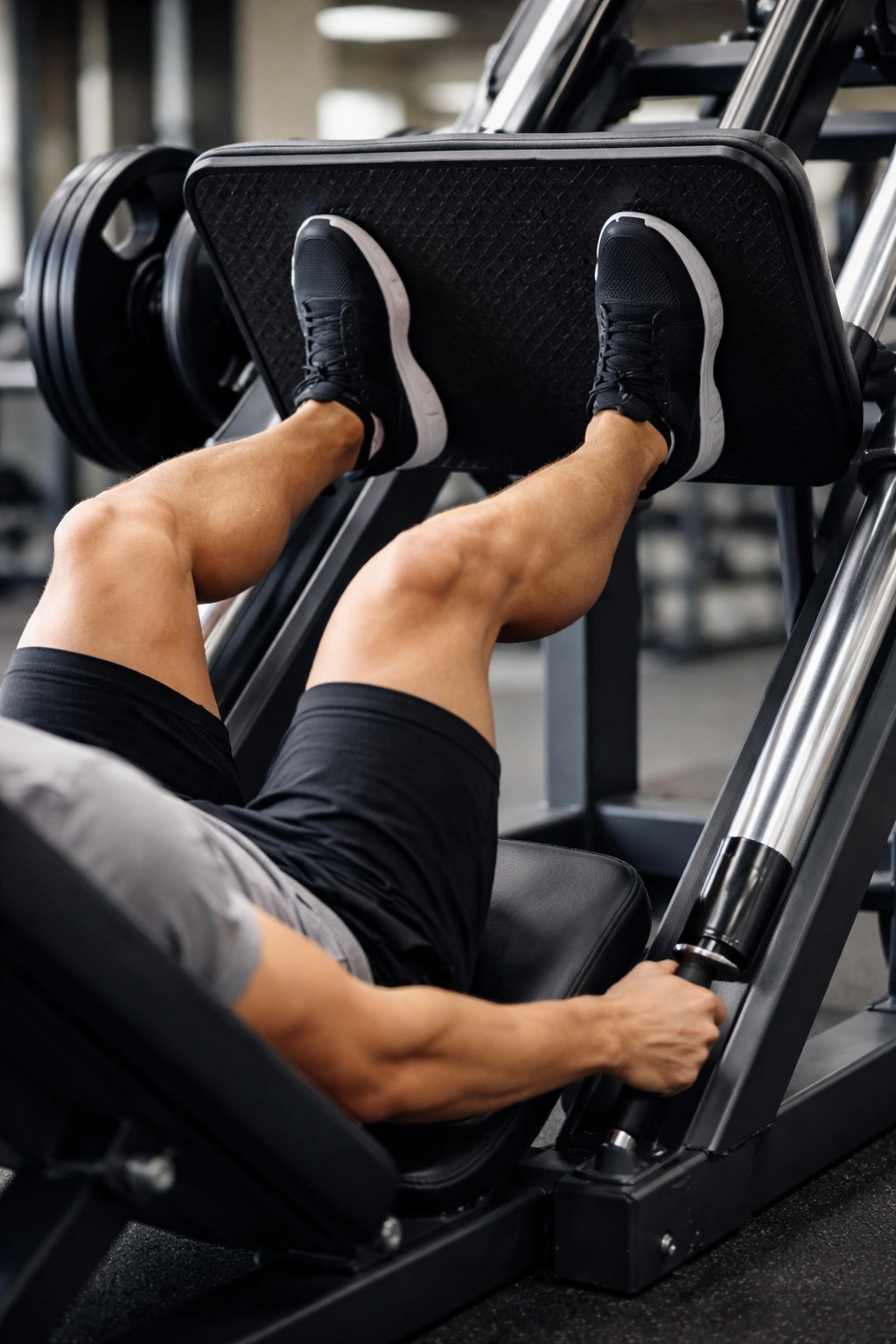 Close-up of legs on leg press machine showing controlled knee bend