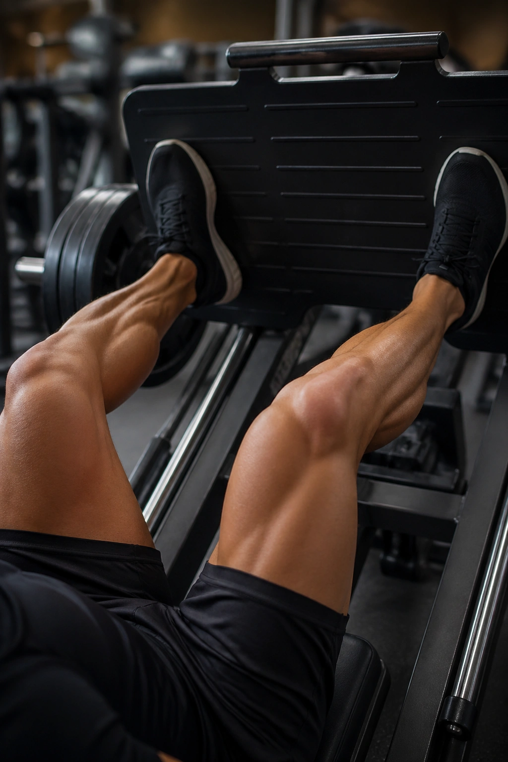 Close-up of legs pressing on a leg press machine in a gym