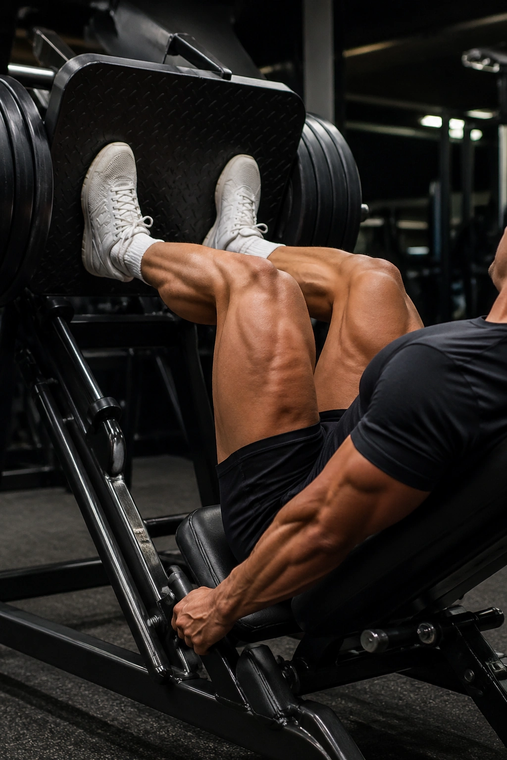 Lifter performing leg press with 1.5 reps in gym