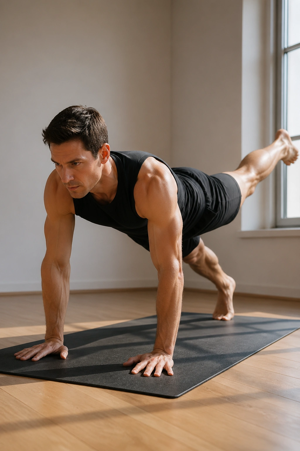 Person performing leg pull front plank with leg lift