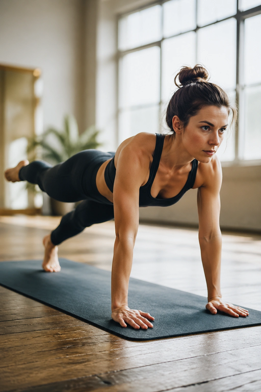 Person performing Leg Pull Front in a high plank with leg lift on a mat