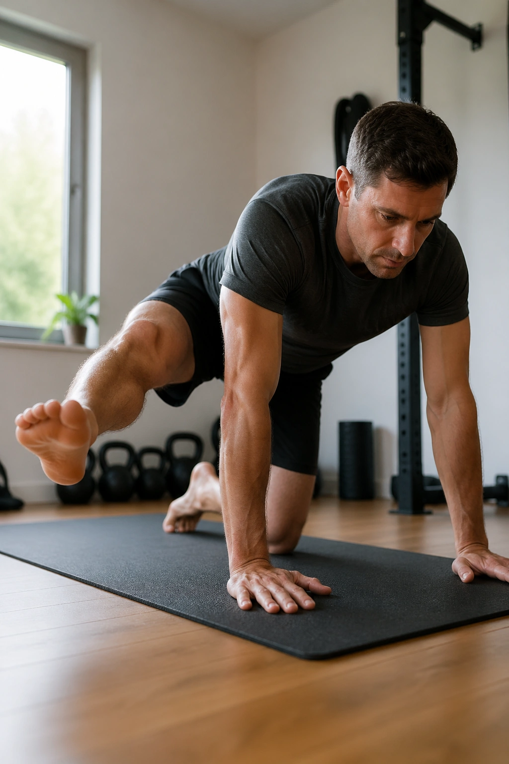 Plank with leg lift in leg pull front on a mat in a home setting