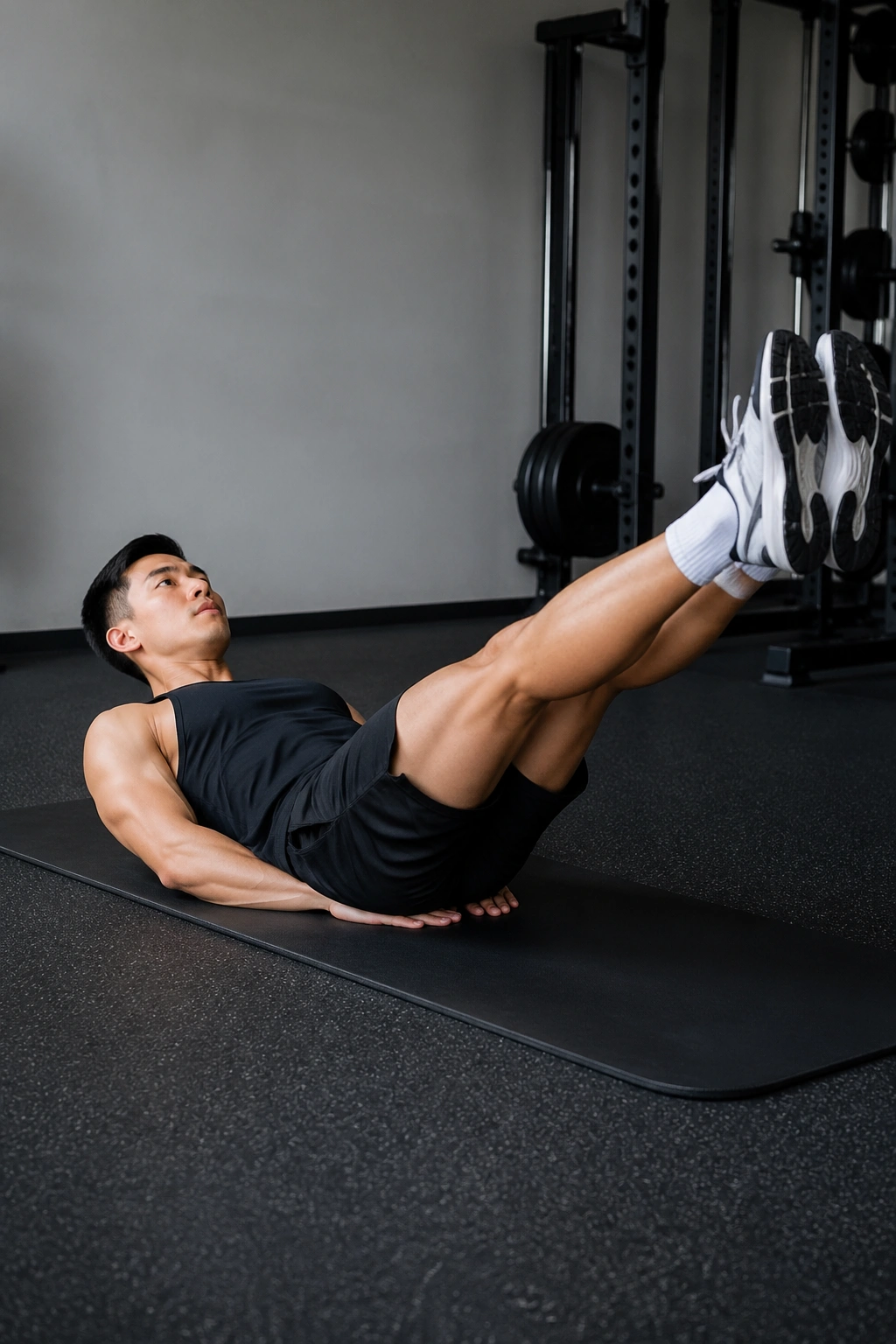 Close-up of legs lifted during leg raises with back flat