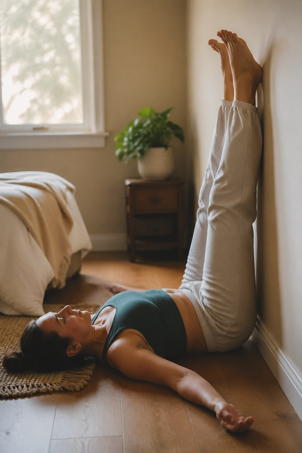 Real person in legs-up-the-wall pose in a cozy bedroom with soft morning light