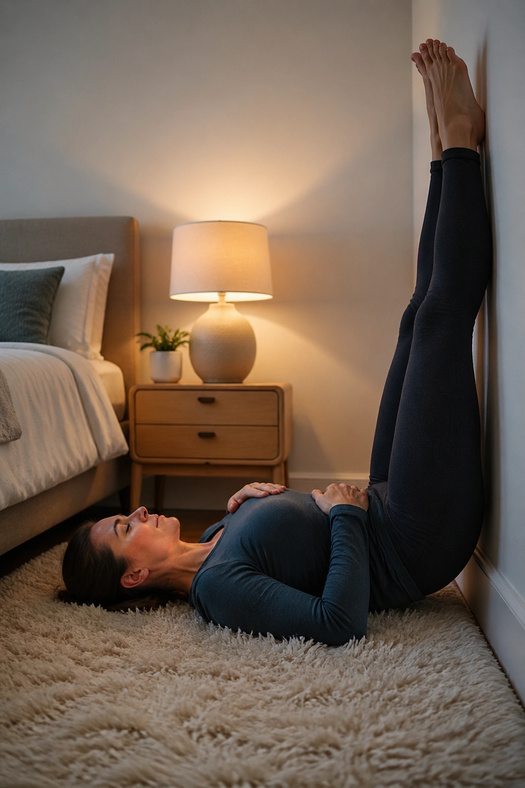 Person in Legs-Up-the-Wall resting with legs up the wall in a quiet bedroom.