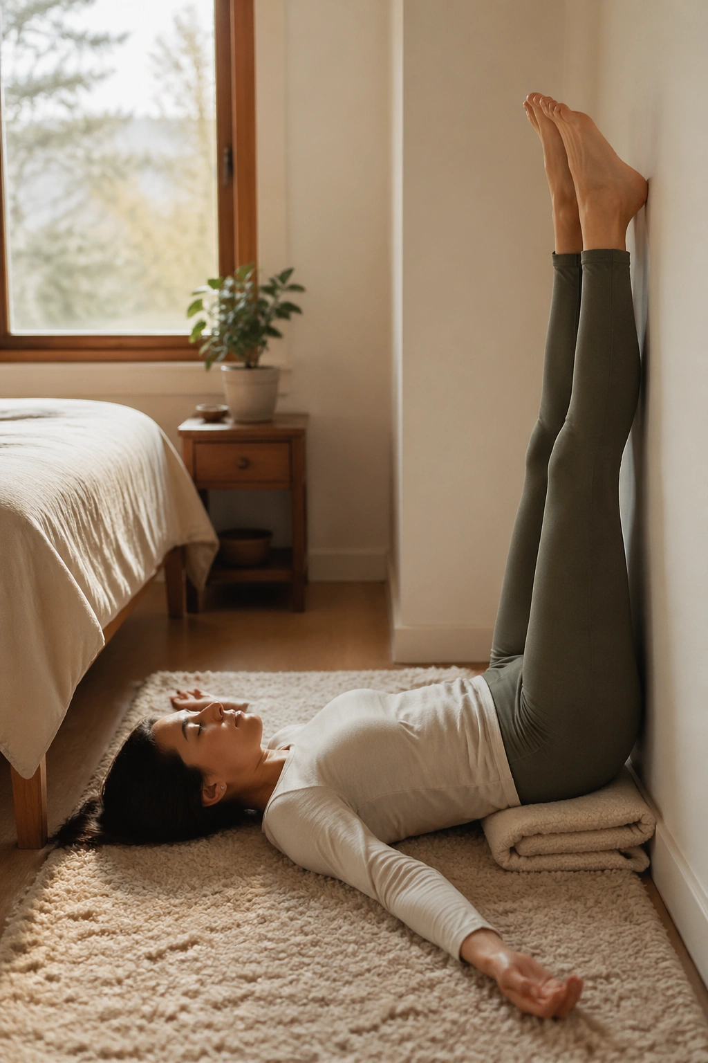Real person performing Legs-Up-the-Wall pose on a rug against a wall in a cozy bedroom