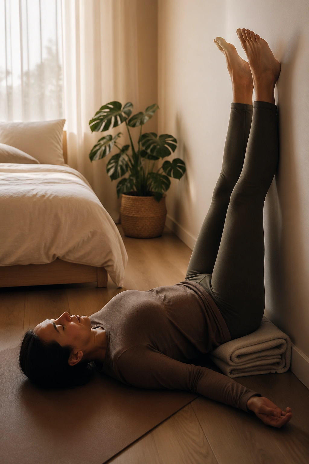 Person in Legs Up the Wall pose with legs resting on a wall in a cozy bedroom.