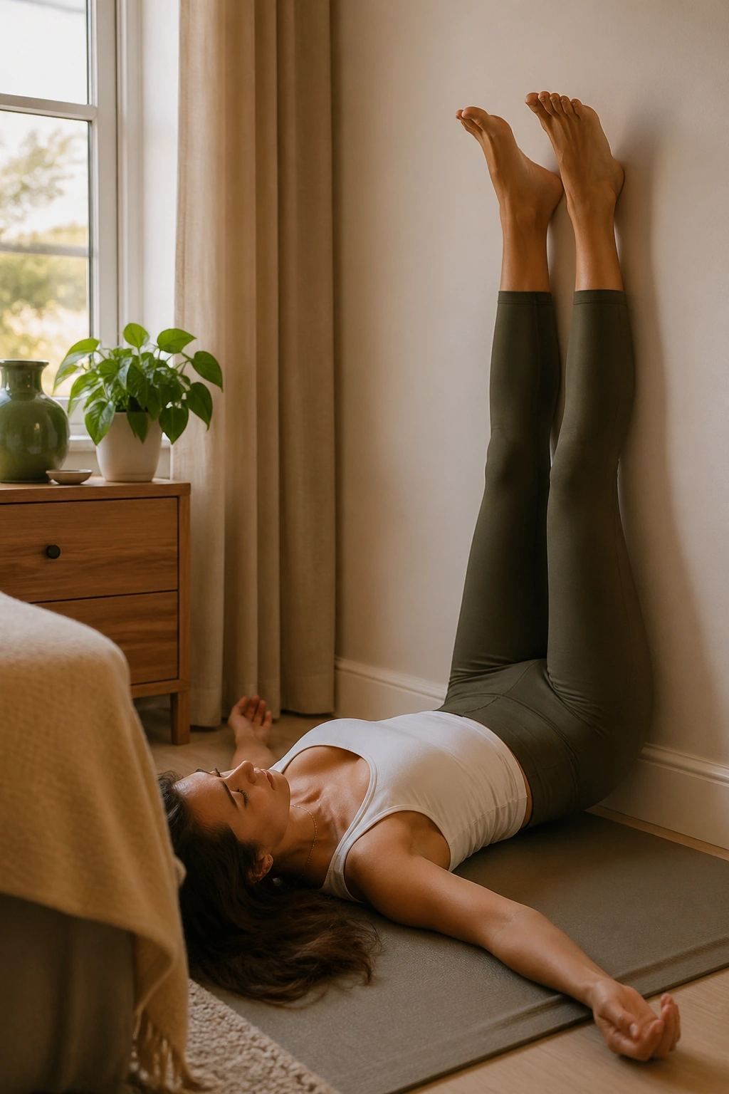 Person in legs-up-the-wall pose resting legs on the wall
