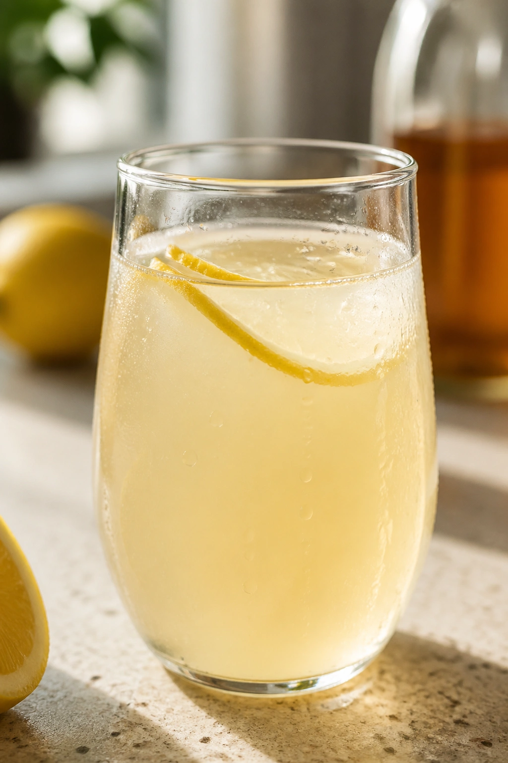 Close-up of a glass of lemon water with a touch of apple cider vinegar