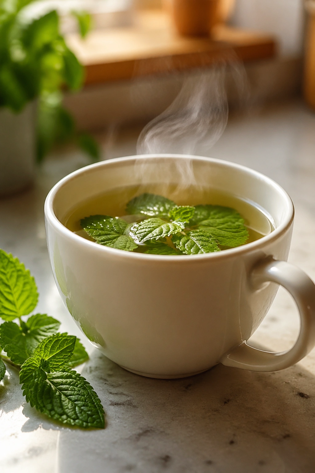 Close-up of a steaming cup of lemon balm tea on a kitchen counter