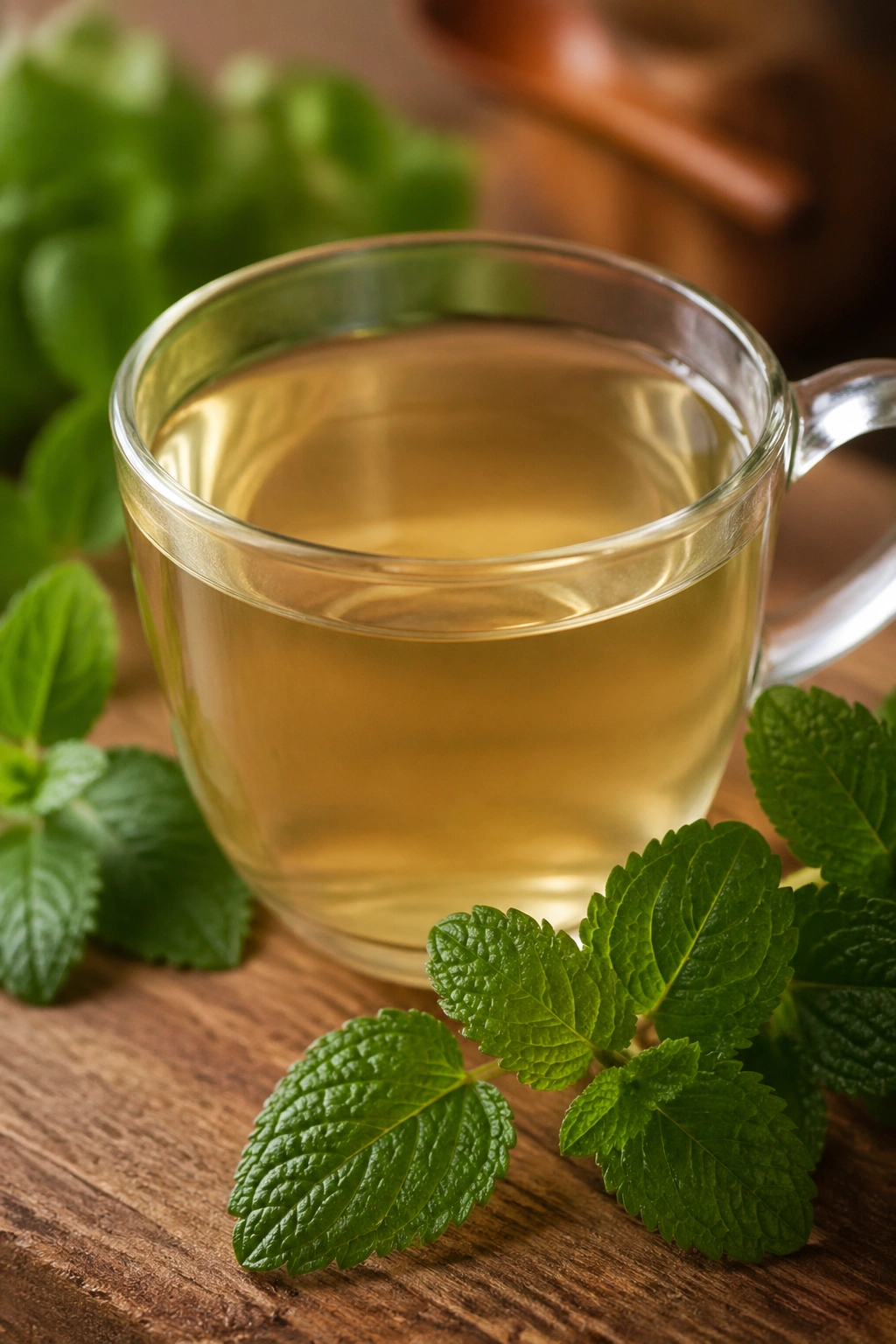 Close-up of lemon balm tea in a glass cup with surrounding lemon balm leaves.