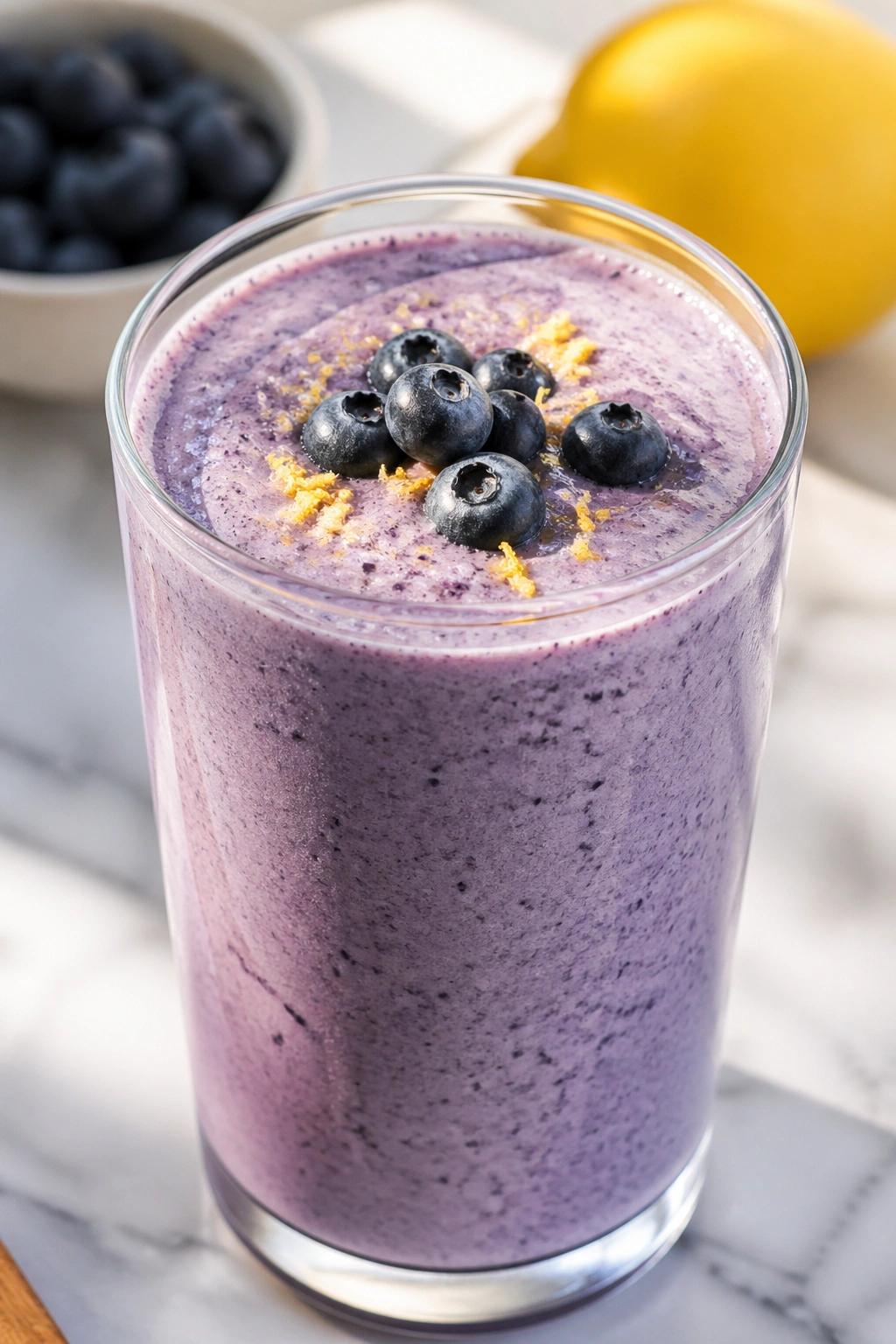 Close-up of lemon blueberry cottage cheese smoothie in glass on kitchen counter