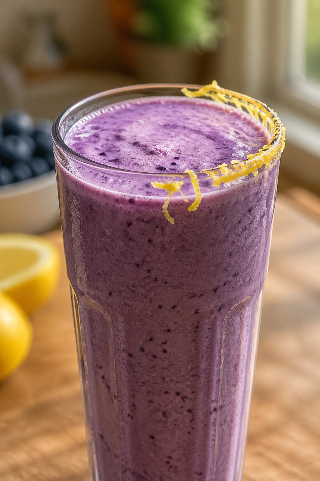 Close-up of lemon-blue kefir smoothie in a glass with lemon zest on the rim on a kitchen counter