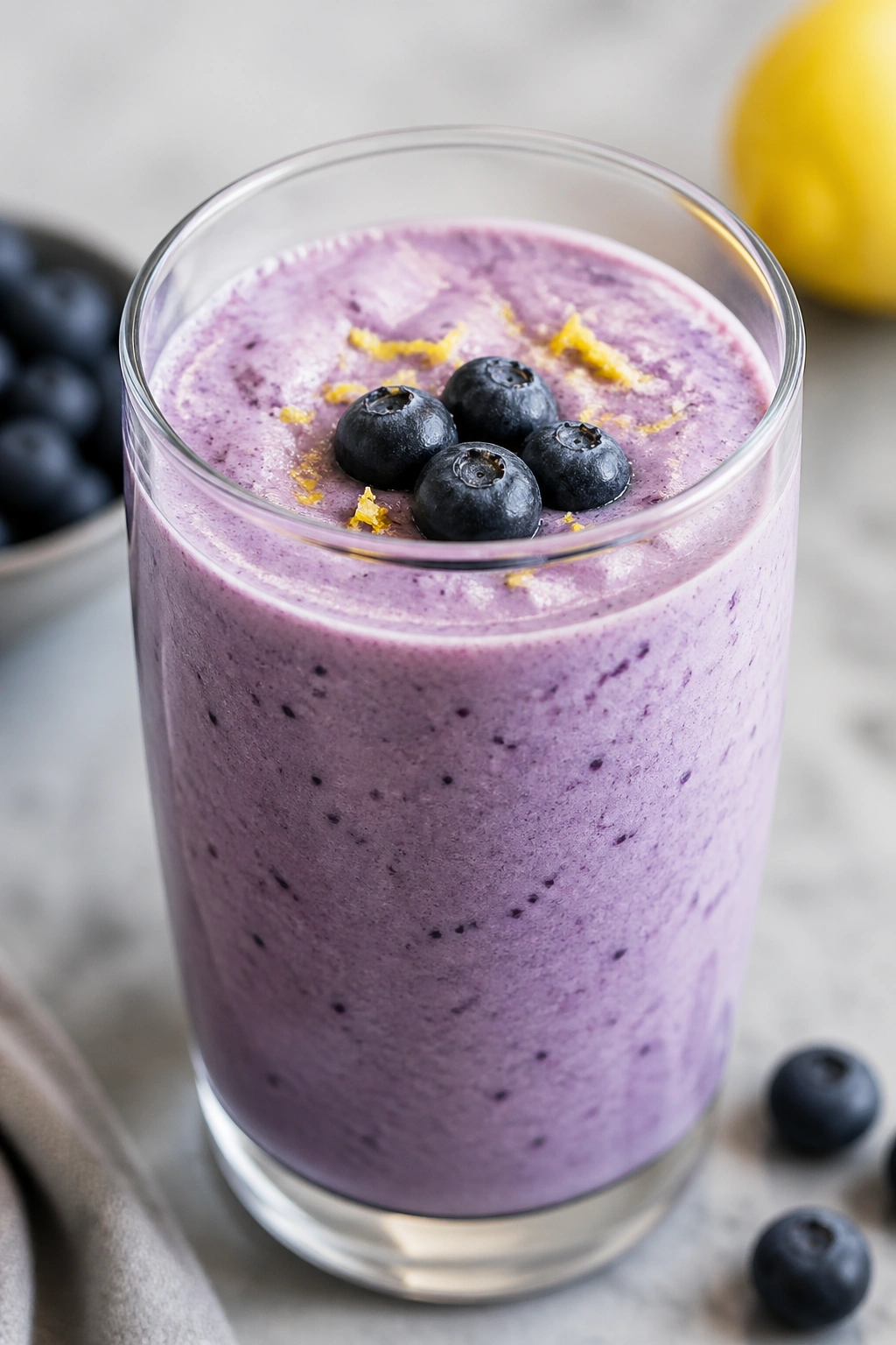 Close-up of Lemon Blueberry Ricotta Smoothie in a glass with lemon zest