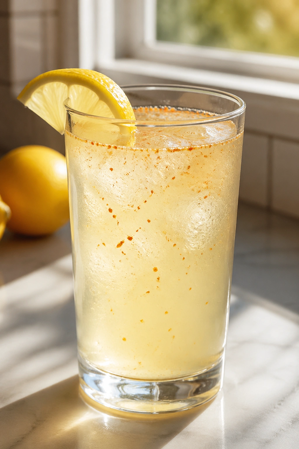 Close-up of lemon water with cayenne specks in a glass