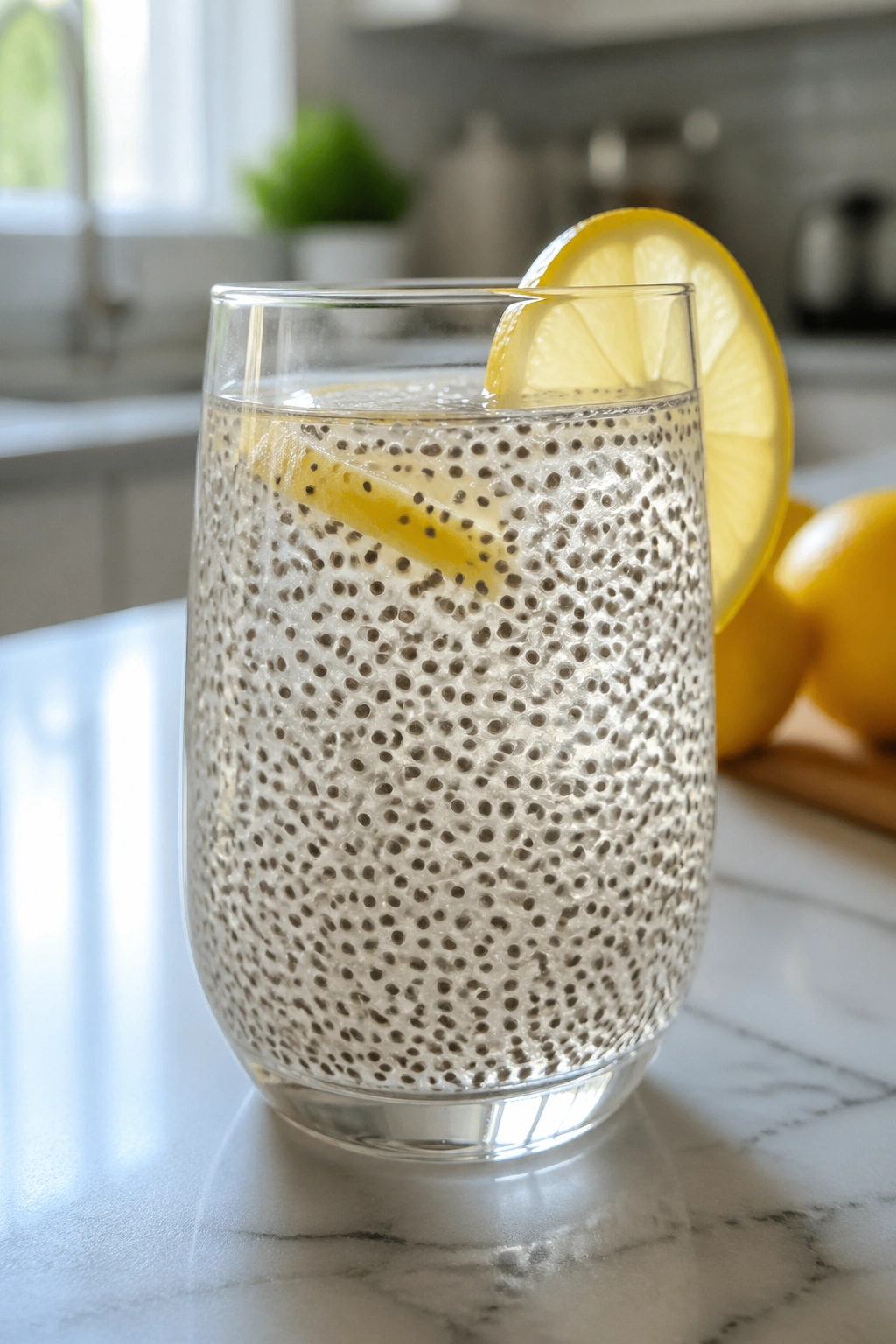 Close-up glass of lemon chia fresca with chia seeds