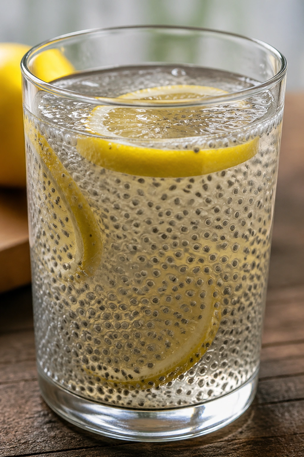 Close-up of a glass of lemon chia water with visible chia seeds on a wooden counter