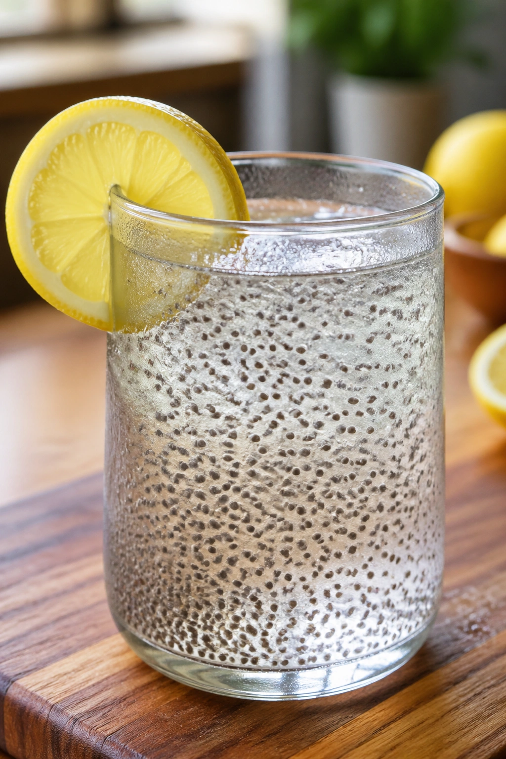 Close-up of lemon chia water in a glass with lemon wedge on rim on sunlit kitchen counter