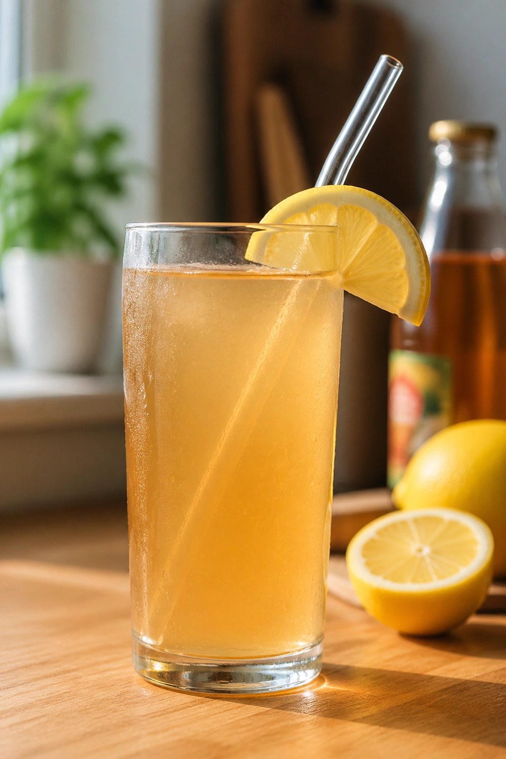 Close-up of a glass with lemon apple cider vinegar drink on a wooden counter