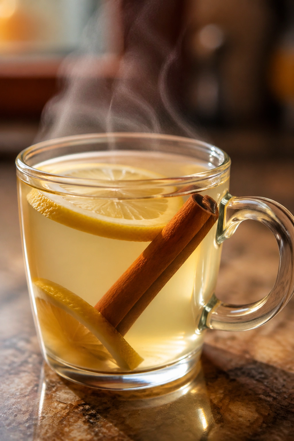Close-up of a mug with warm lemon-cinnamon water and cinnamon stick