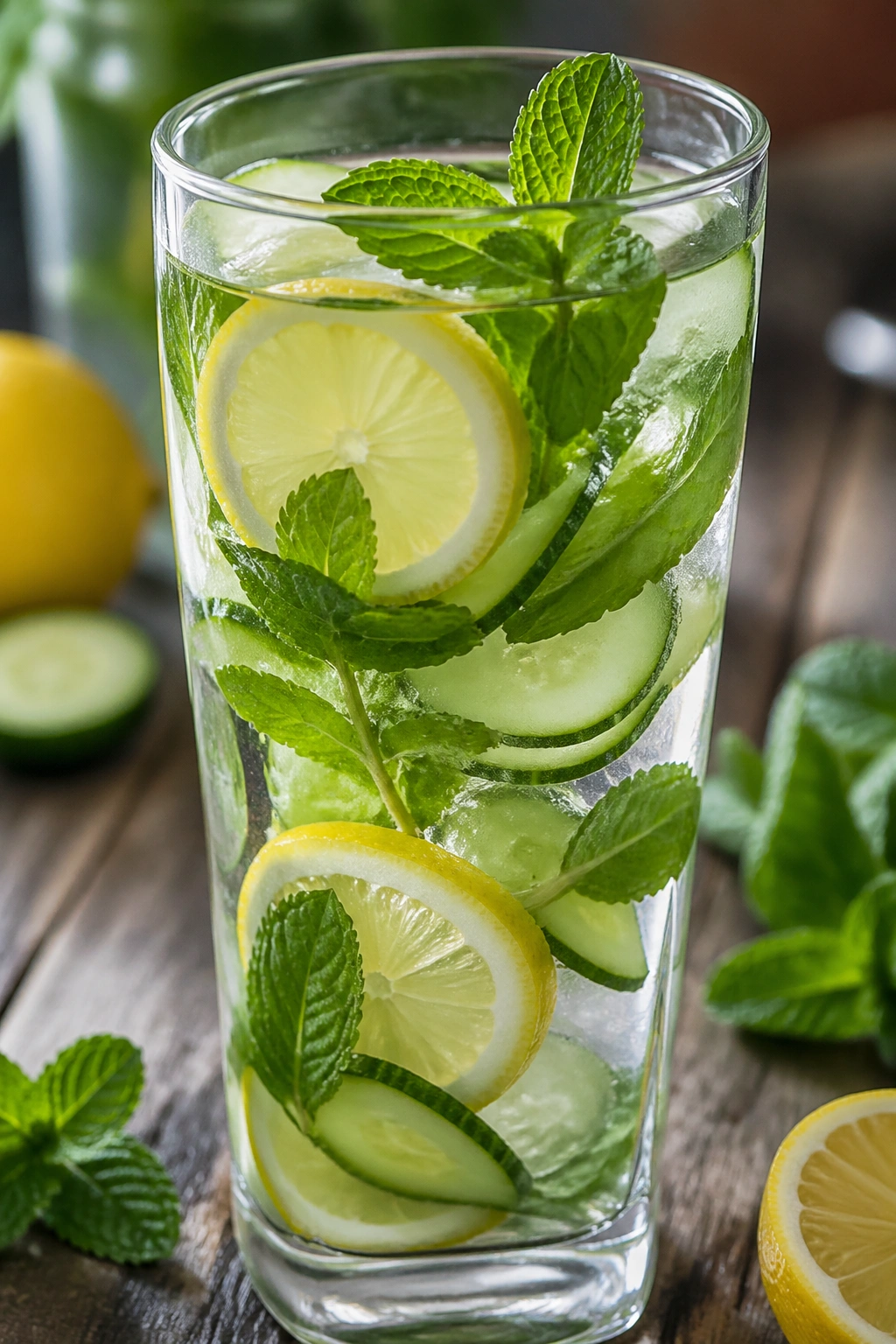 Close-up of lemon cucumber mint water in a glass showing lemon slices, cucumber, and mint on a kitchen counter
