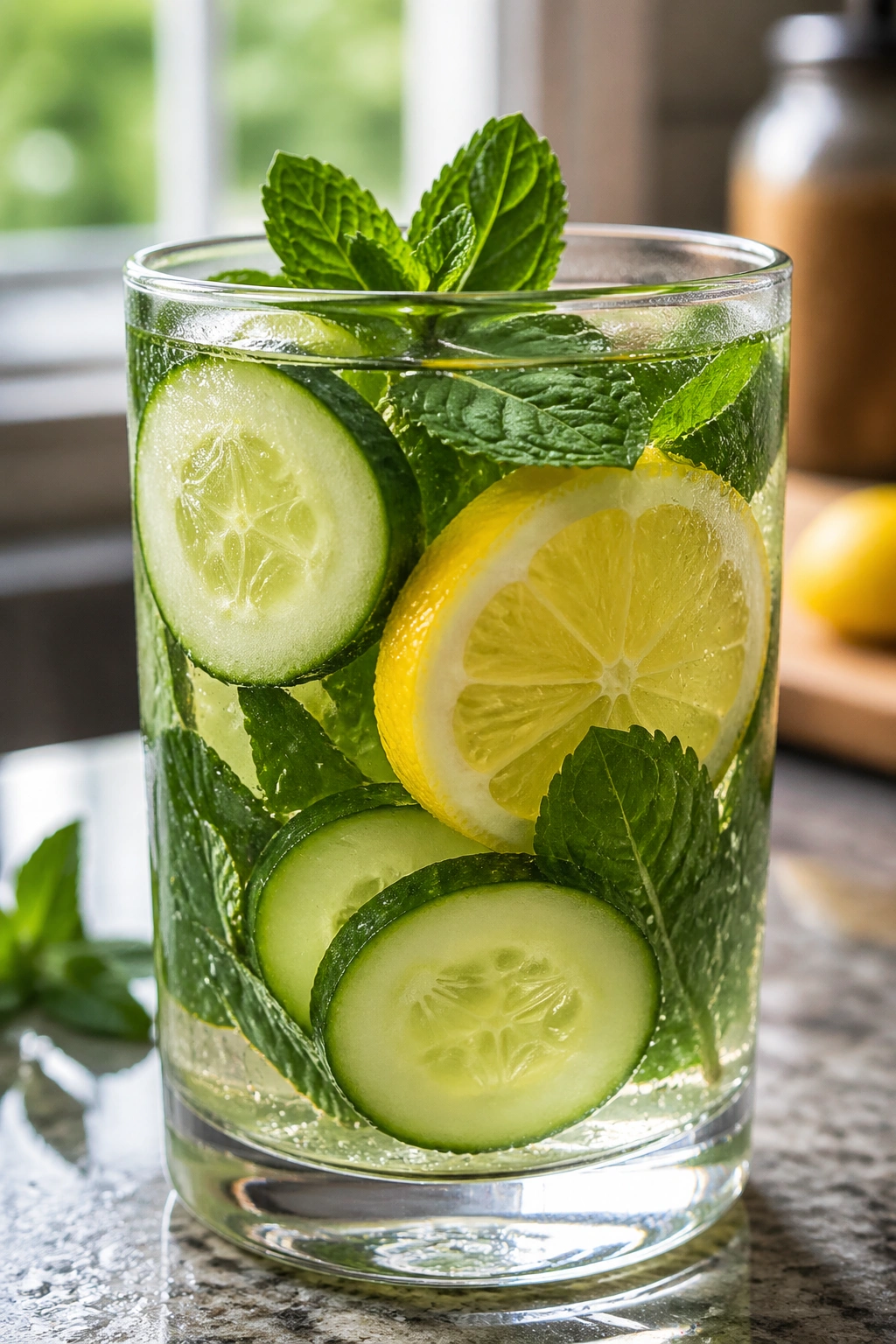 Close-up of a chilled glass of lemon cucumber mint water with cucumber slices, lemon, and mint leaves.