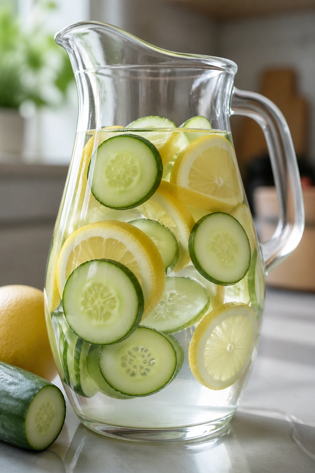 Close-up of lemon and cucumber in water in a glass pitcher