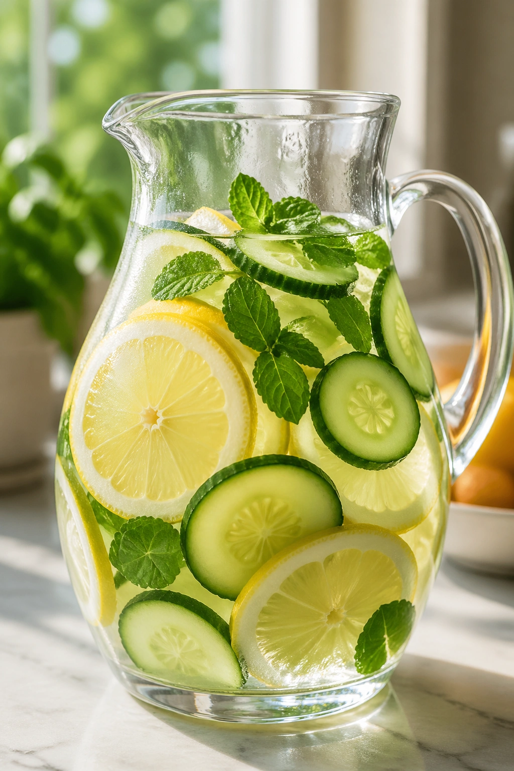 Close-up of a lemon cucumber water pitcher with cucumber slices and lemon wheels in a bright kitchen