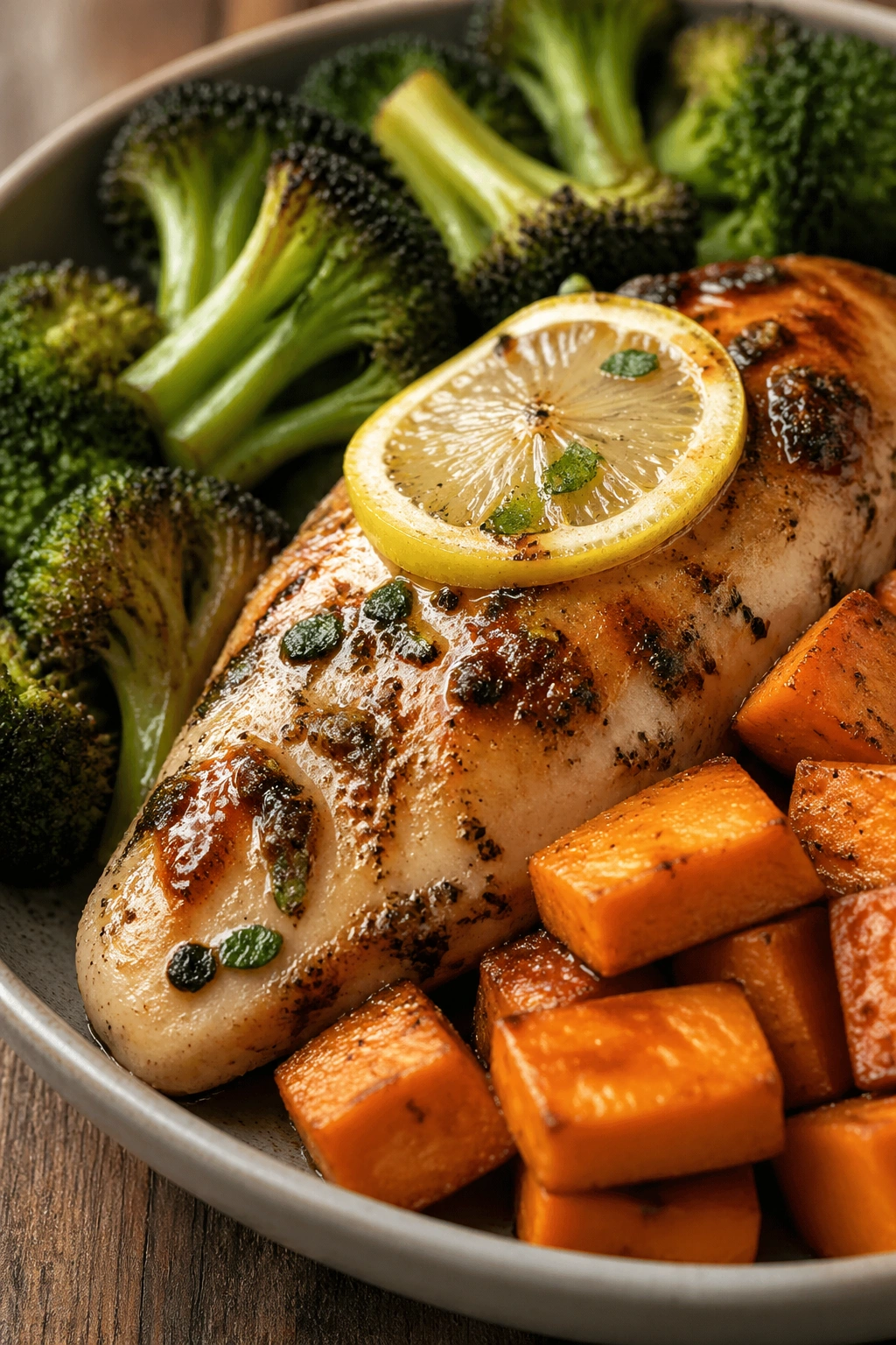 Close-up of lemon garlic chicken with broccoli and sweet potatoes on rustic surface