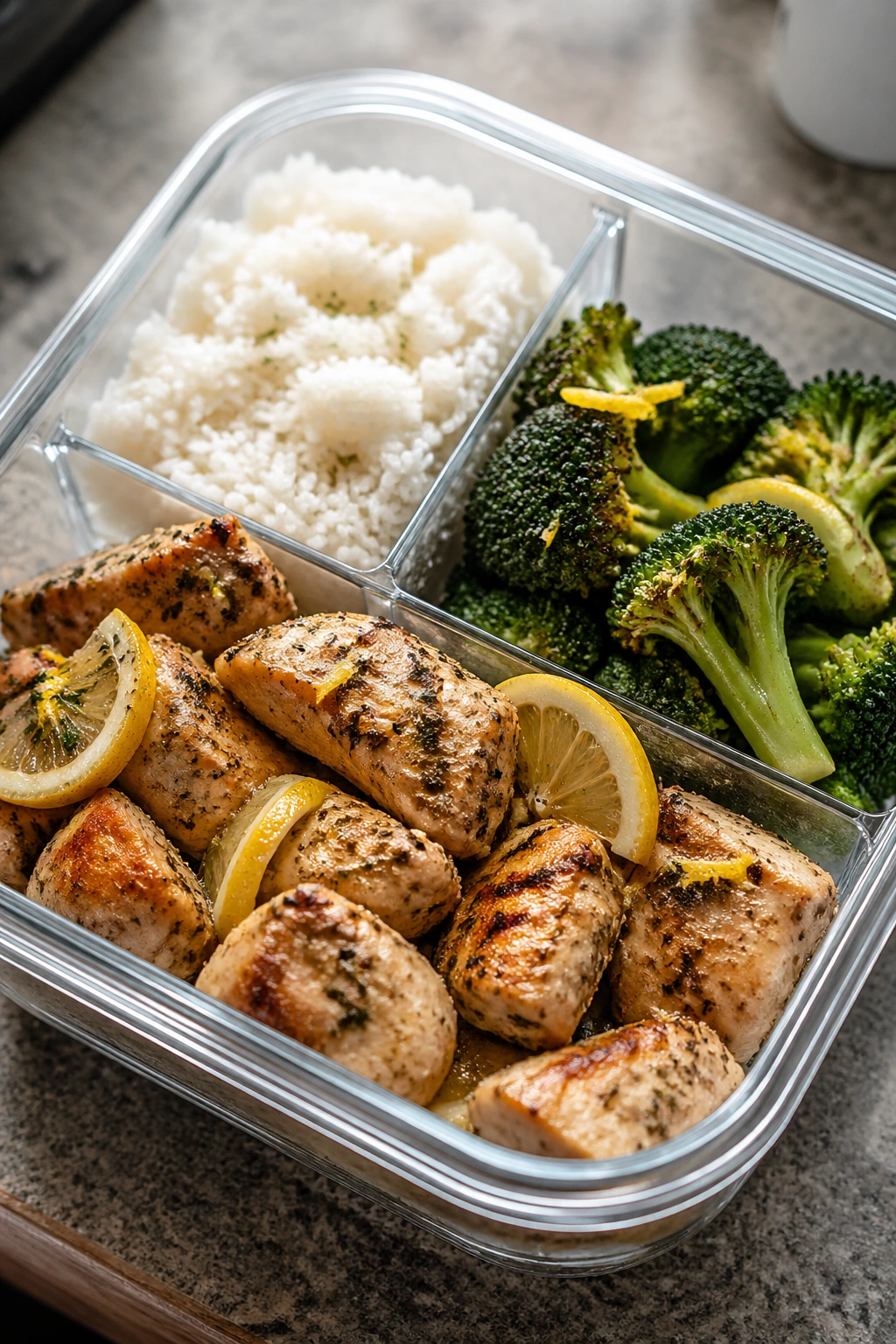 Close-up of lemon-garlic chicken rice boxes highlighting chicken, rice, and broccoli