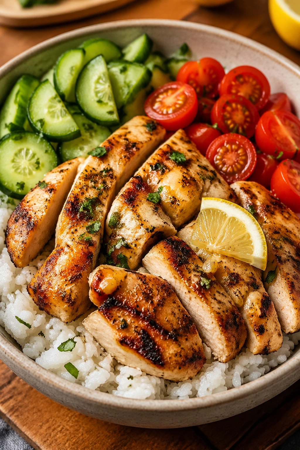 Close-up of lemon garlic chicken rice bowl with cucumber and tomatoes