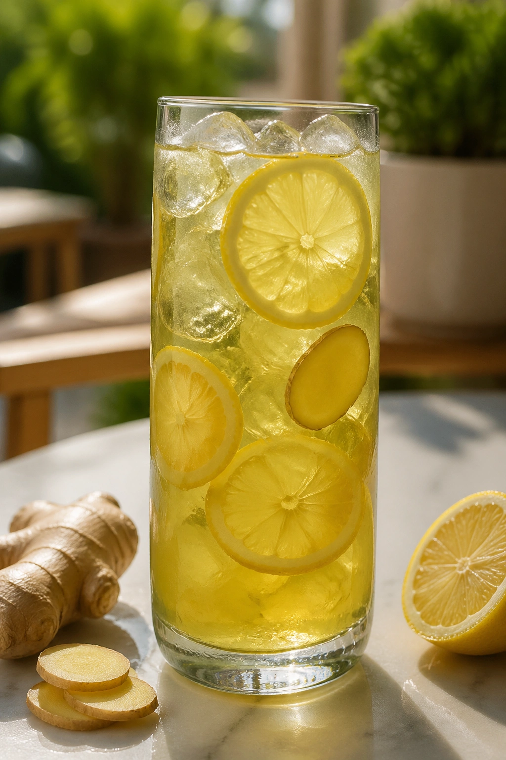 Tall glass of lemon-ginger iced green tea with lemon slices.