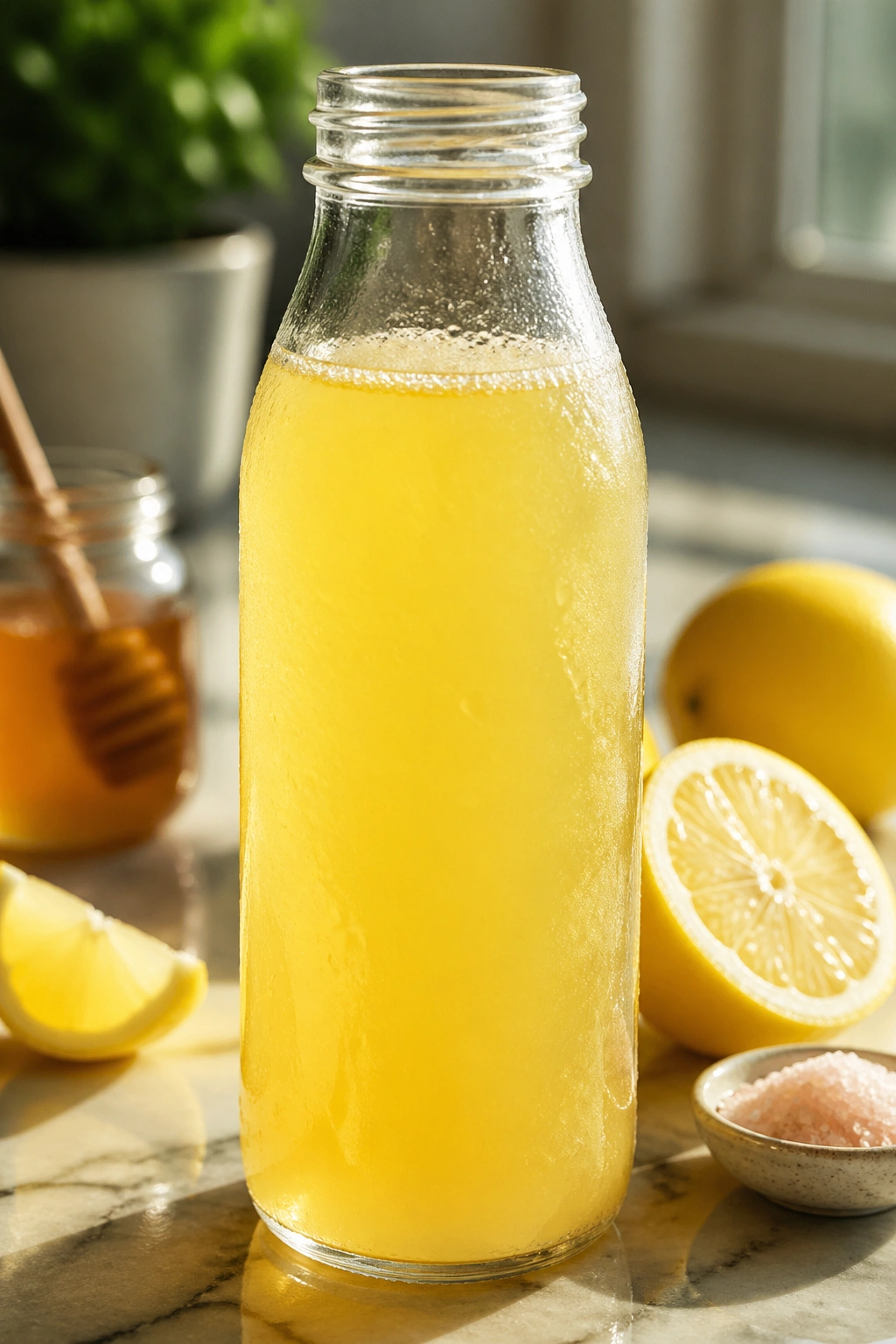 Close-up of lemon-yellow pre-workout drink in a glass bottle on a kitchen counter