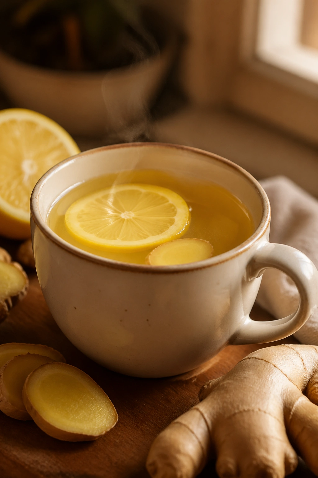 Close-up of warm lemon-honey-ginger water in a mug with steam