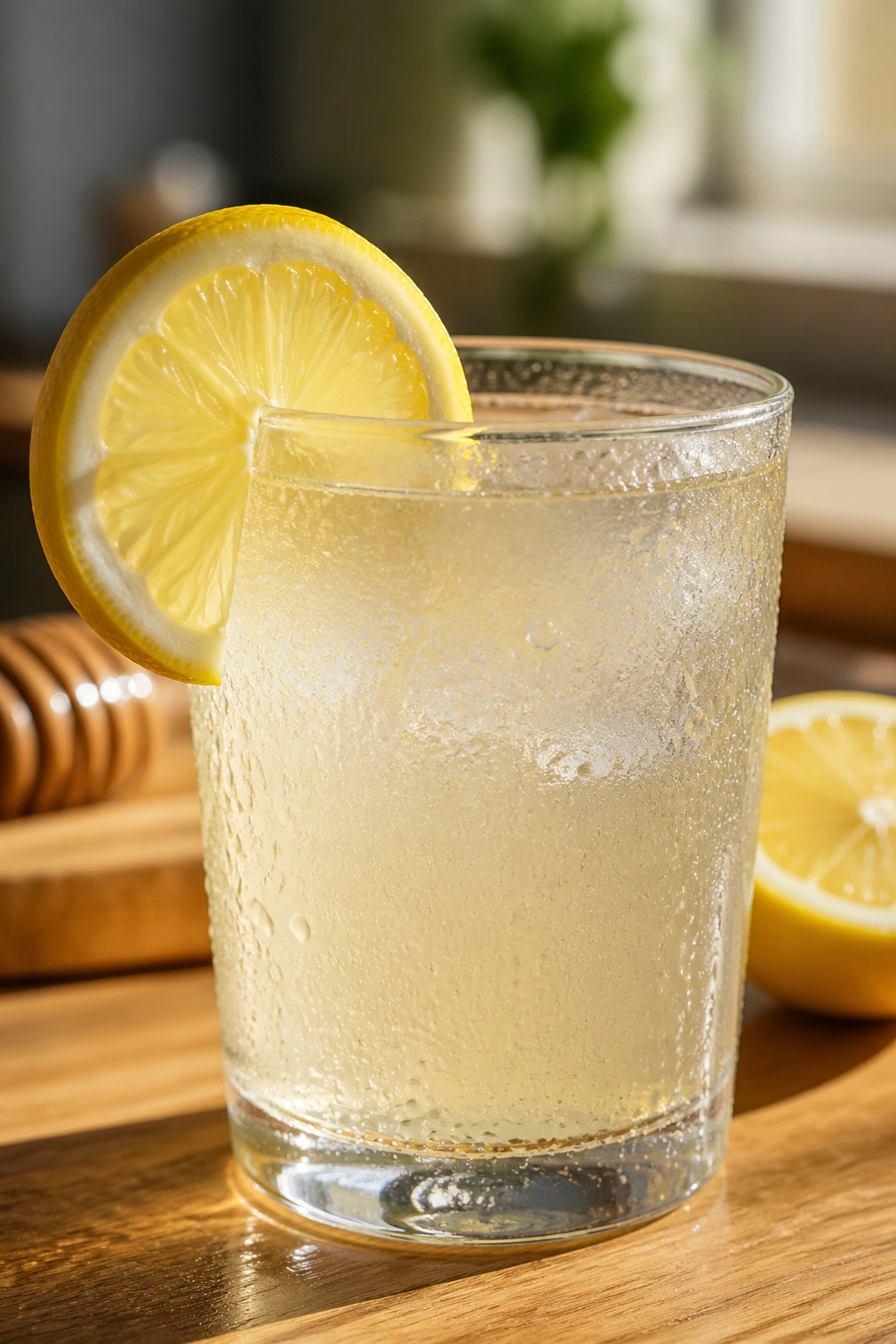 Close-up of a glass of lemon-honey salt water with a lemon wedge and condensation