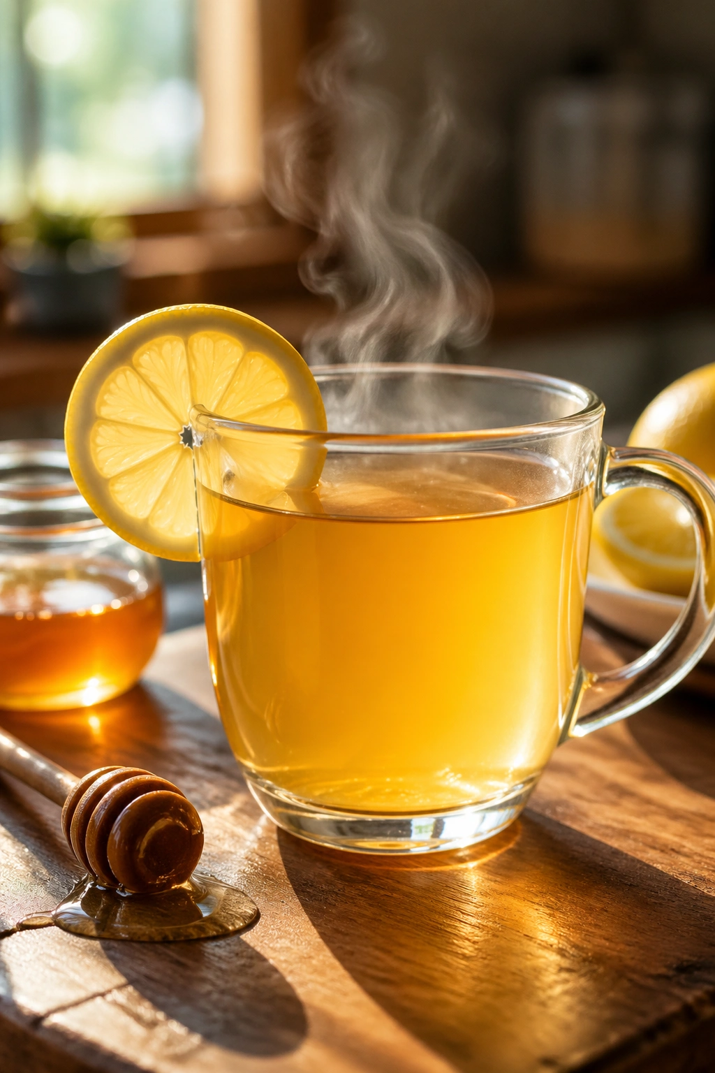 Close-up of warm lemon honey water in a glass mug on a sunlit kitchen counter