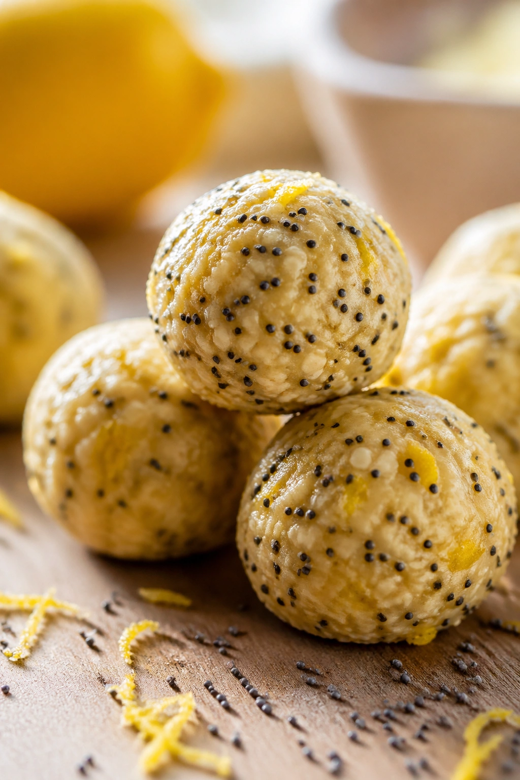 Close-up of Lemon Poppy Seed Protein Balls with lemon zest on light wood